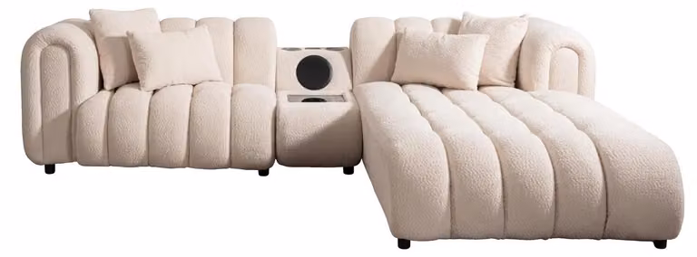Divano angolare a forma di L, beige, in tessuto, con modulo multimediale, ideale per il soggiorno