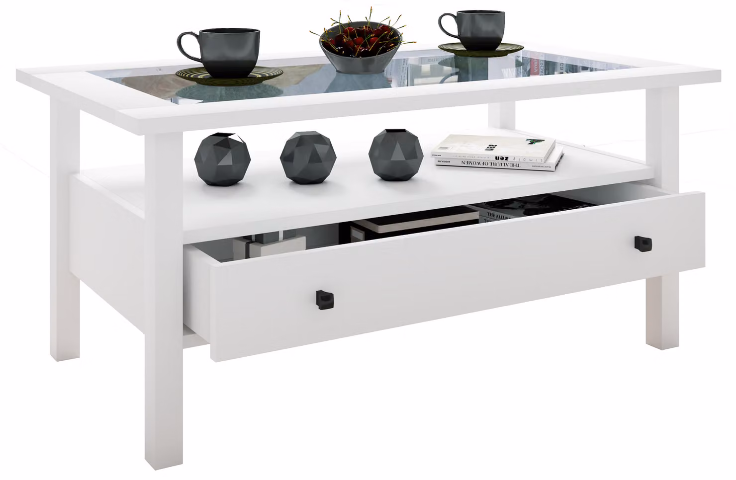 Tavolino in legno con vetro di sicurezza ESG | Tavolino semplice | Dimensioni ca. H. 42 x W. 90 x D. 54 cm | Tavolo soggiorno con cassetto | Divano - Lingis L