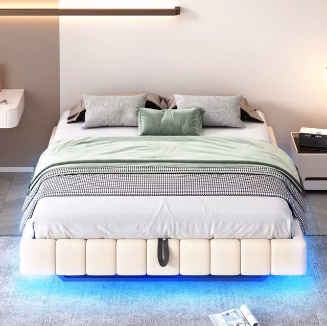 Letto matrimoniale imbottito MODFU con contenitore e illuminazione LED sottostante, beige, L/P: 160 x 200 cm