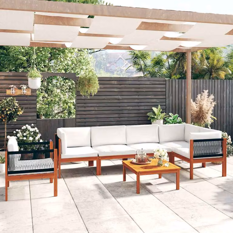 Set da giardino vidaXL in legno di acacia con 7 pezzi e cuscini beige e bianchi