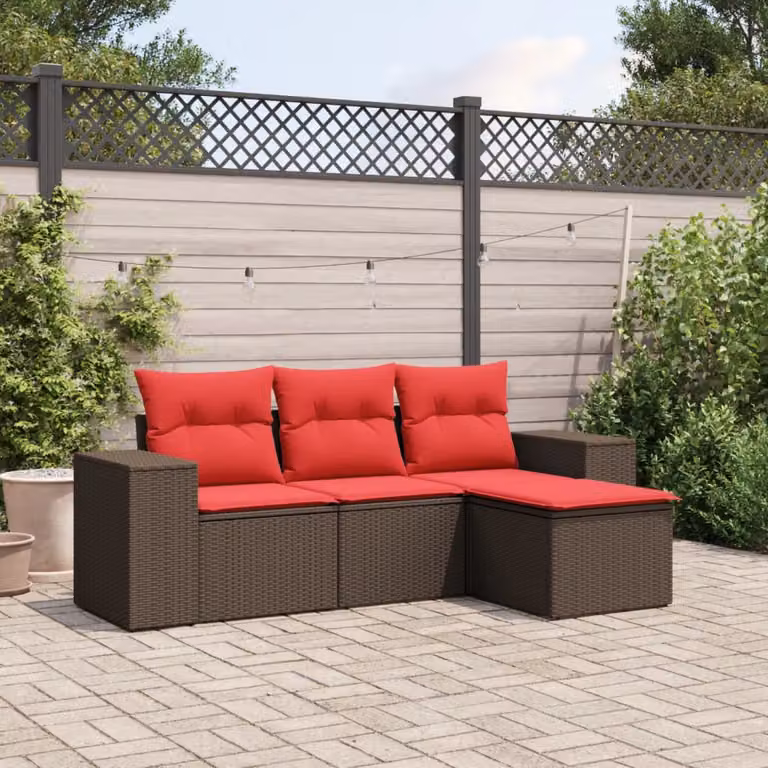 Set di divani da giardino vidaXL a forma di L composto da 4 pezzi in polyrattan marrone con cuscini inclusi