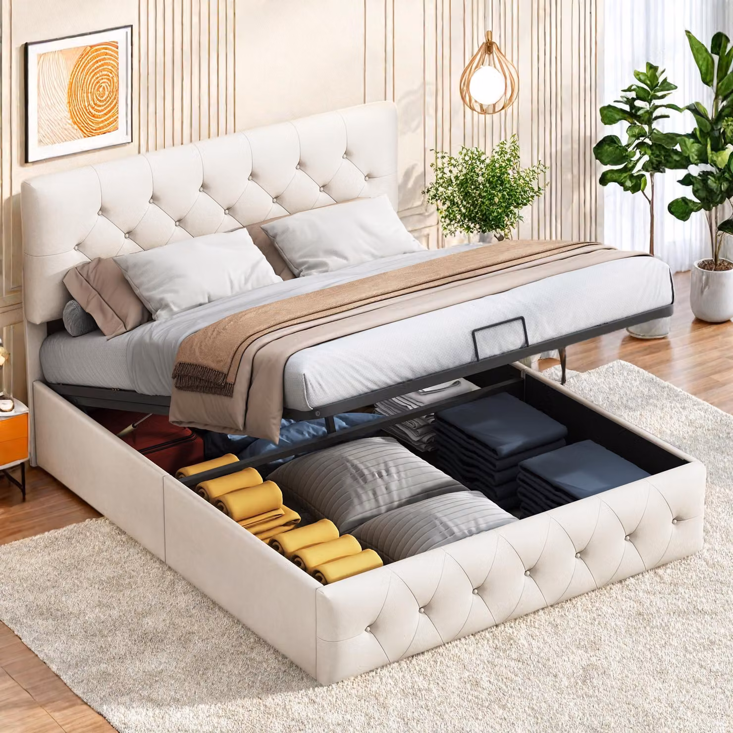 Letto imbottito con boxspring, dimensioni 140x200 cm, ideale per ragazzi, con contenitore e rete a listelli, rivestito in velluto, colore pesca