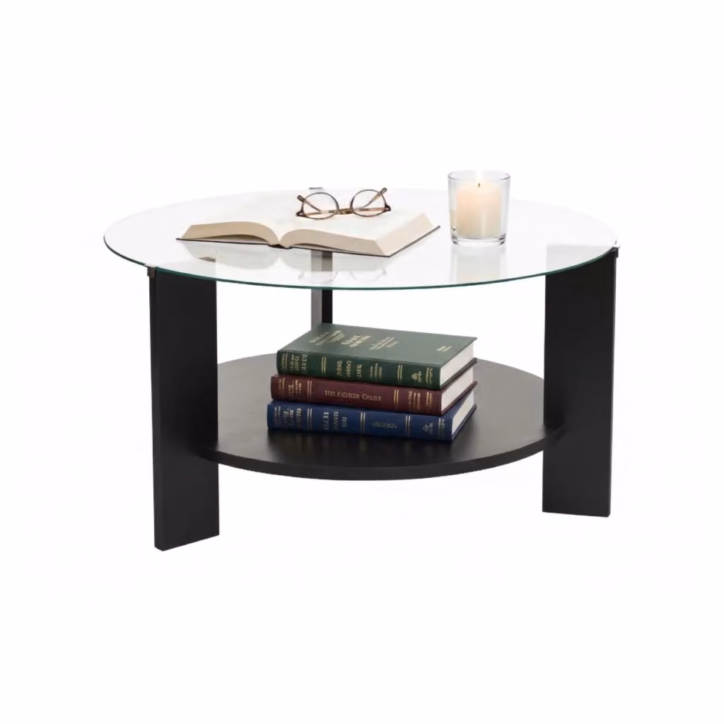 Tavolino da salotto rotondo DMORA nero con piano in vetro e struttura in legno L: 75 cm, P: 75 cm, H: 40 cm – 2