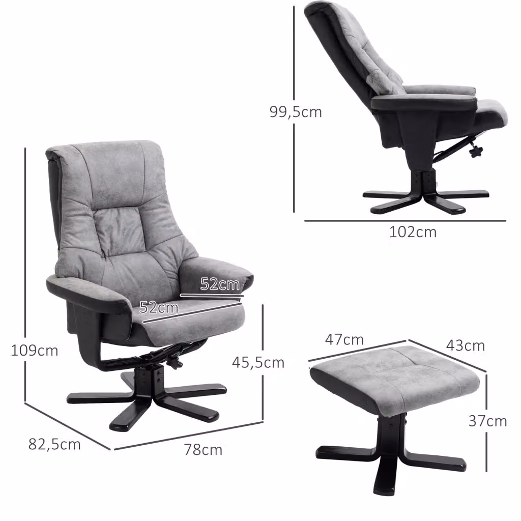 Poltrona relax reclinabile WISHDOR con poggiapiedi, girevole a 360° in tessuto grigio con struttura in legno massello – 2