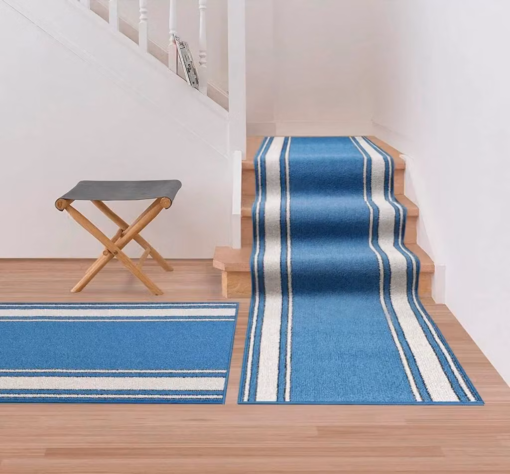 Passatoia per scale e ingresso EMMEVI, stile classico a righe blu, antiscivolo e lavabile, L: 67 cm x P: 950 cm – 2