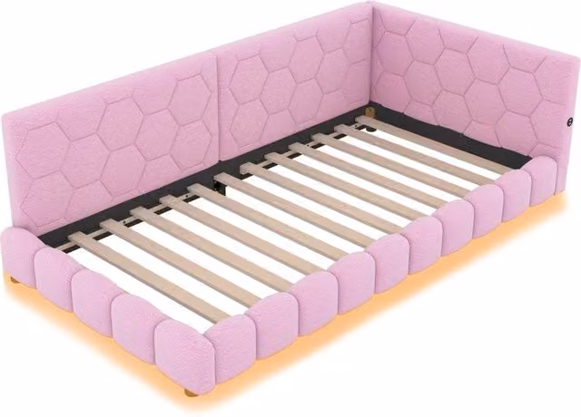 Letto Singolo a Divanetto in Velluto Rosa con Illuminazione LED 16 Colori e Porte di Ricarica USB e Type-C, L/P: 90 x 200 cm