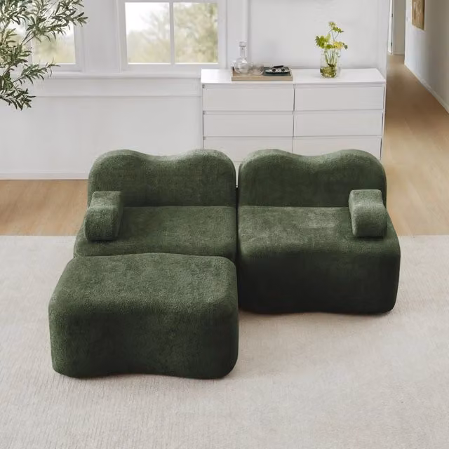 Divano angolare modulare senza struttura con pouf e cuscino bracciolo mobile in velluto verde per casa