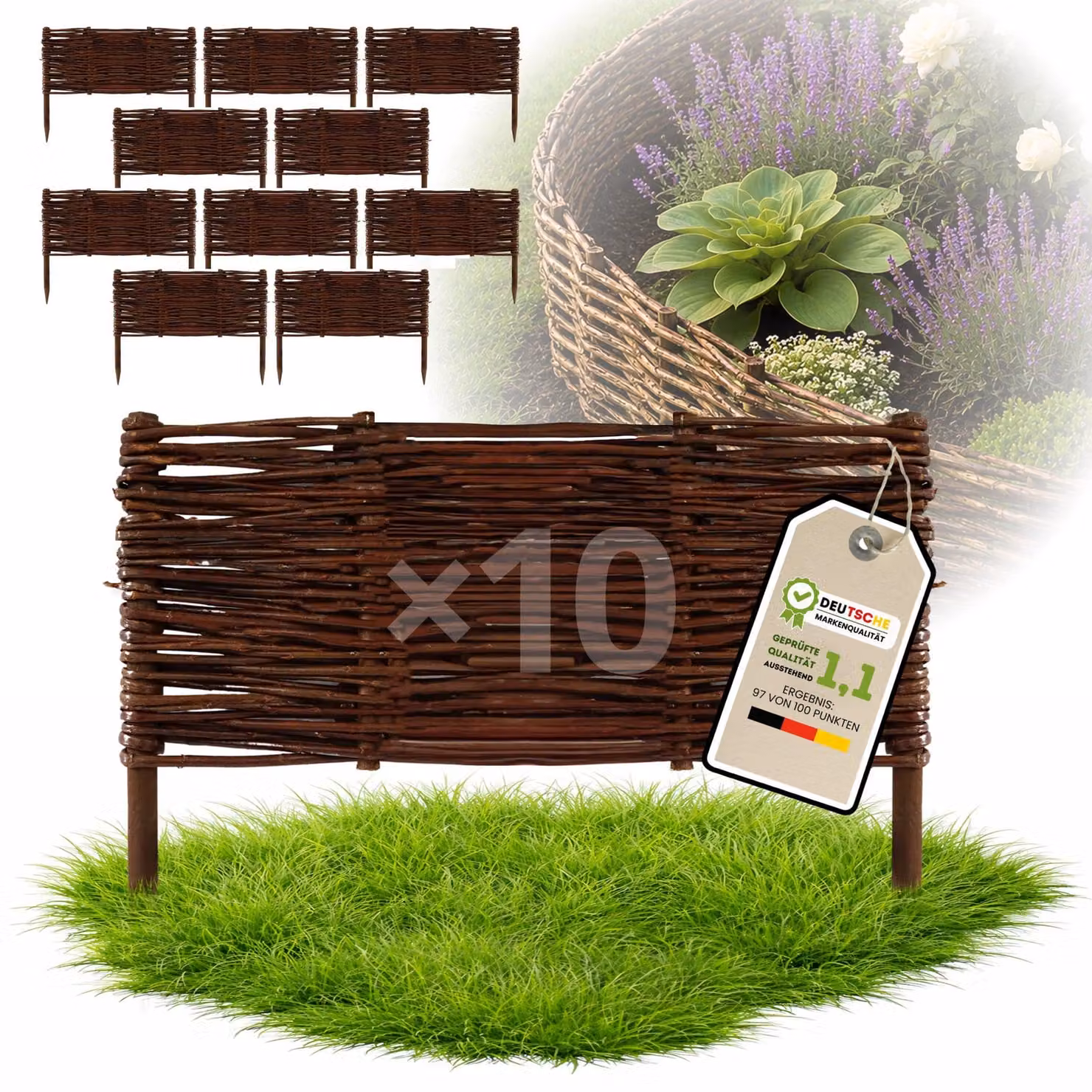 Floranica 10 pezzi Recinzione in vimini 30 cm x 50 cm – Staccionata da giardino intrecciata Palizzata Recinzione naturale Bordo aiuola