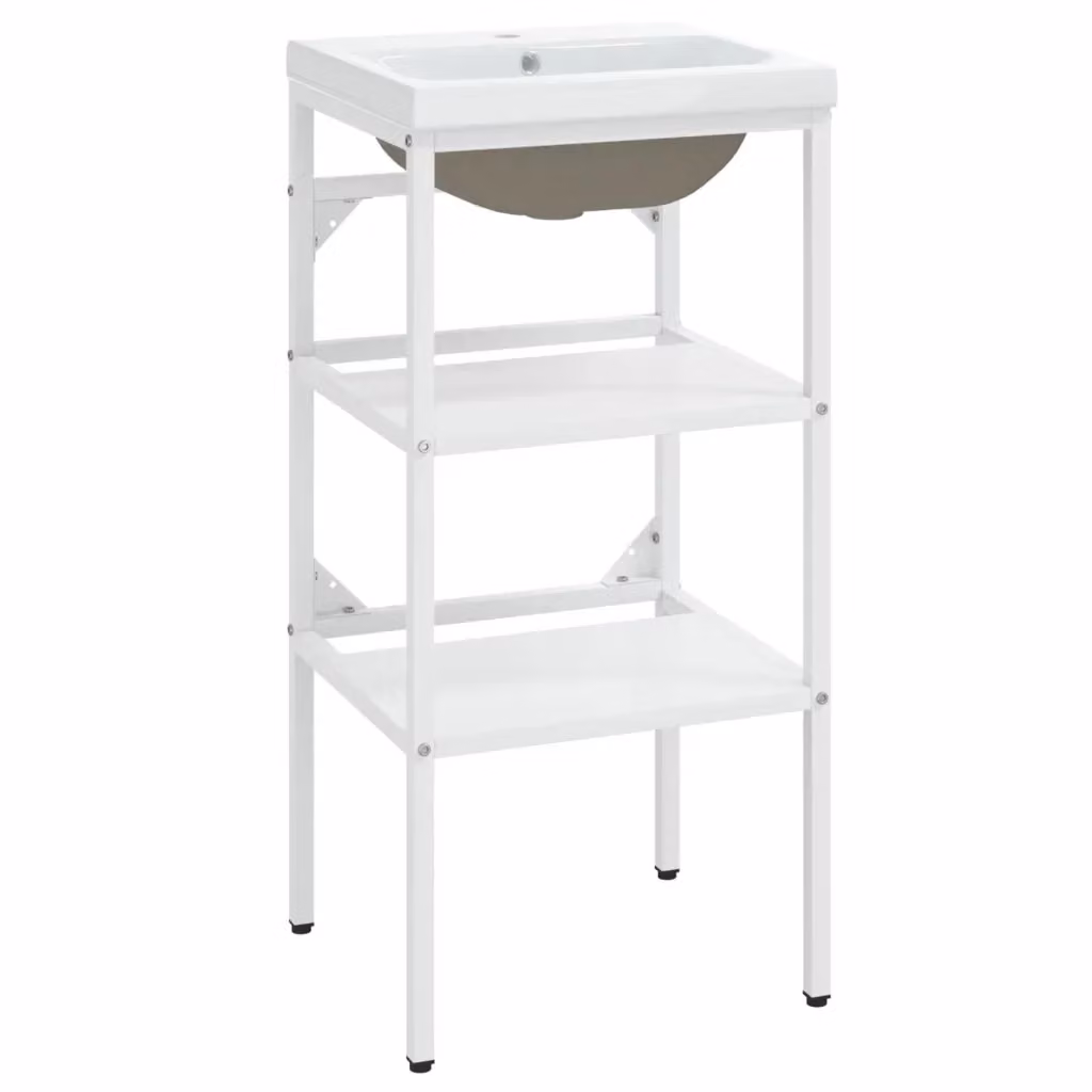 Lavabo da Bagno Moderno vidaXL in Ceramica Bianca e Metallo Lucido L: 83 cm, P: 42 cm, H: 38 cm – 2