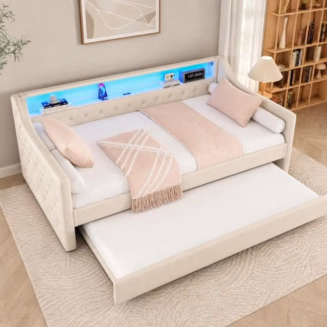 Daybed 90 x 200 cm con letto estraibile; LED controllabile via app e porte USB beige