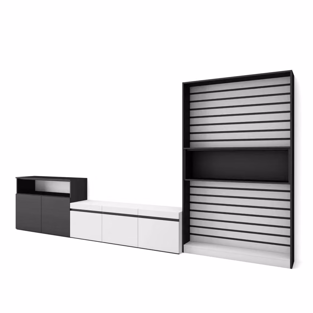Mobile TV per soggiorno SKRAUT HOME, Bianco e nero, L: 360 cm, P: 35 cm, H: 186 cm, per TV fino a 65 pollici – 2