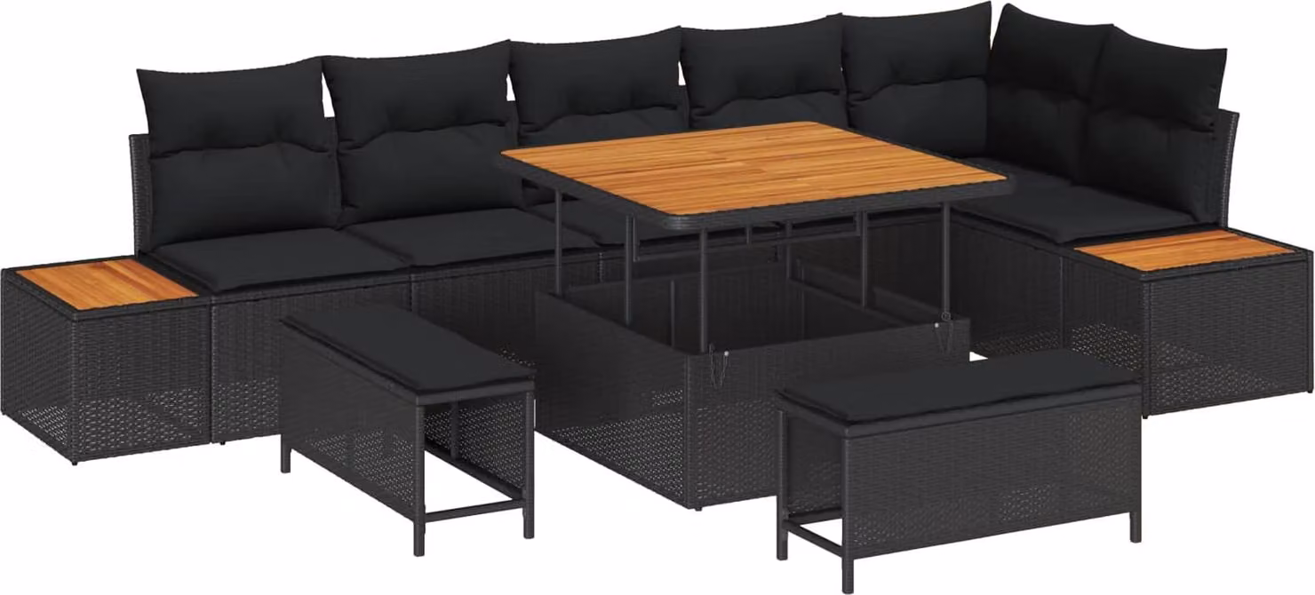 Set Divano da Giardino 9 pcs Nero polyrattan
