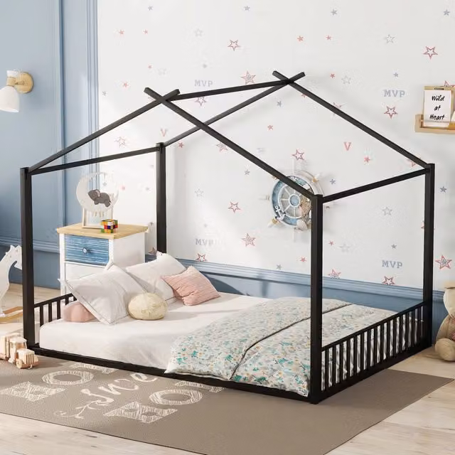 Letto per bambini OKWISH con struttura a casetta in metallo nero per cameretta L/P/H: 200 x 140 x 147 cm