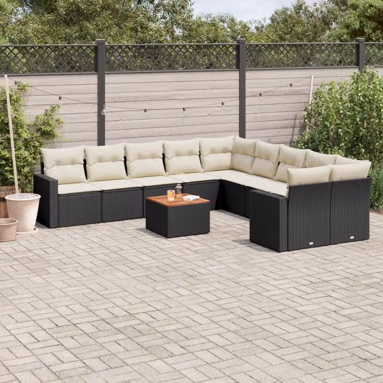 Set di divani da giardino vidaXL 11 pz in polyrattan nero con cuscini e tavolino da esterno a forma di L