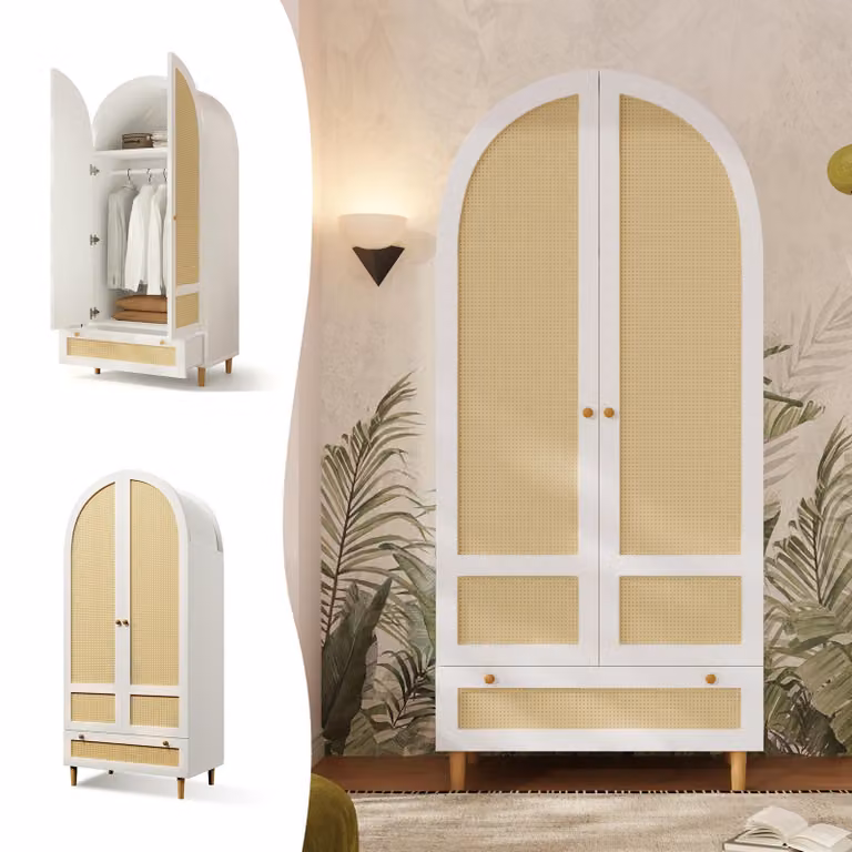 Armadio Merax con aspetto rattan, armadio da camera da letto con design ad arco, armadio per la biancheria con asta appendiabiti e cassetto, armadio guardaroba, bianco