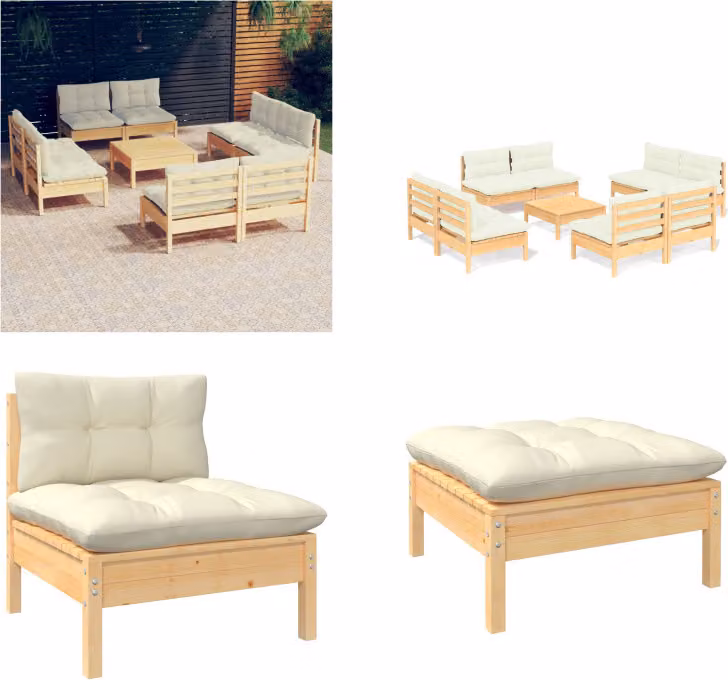 vidaXL Set da salotto da giardino 9 pezzi con cuscini crema in legno di pino - set da salotto da giardino - set da salotto da giardino - set da salotto
