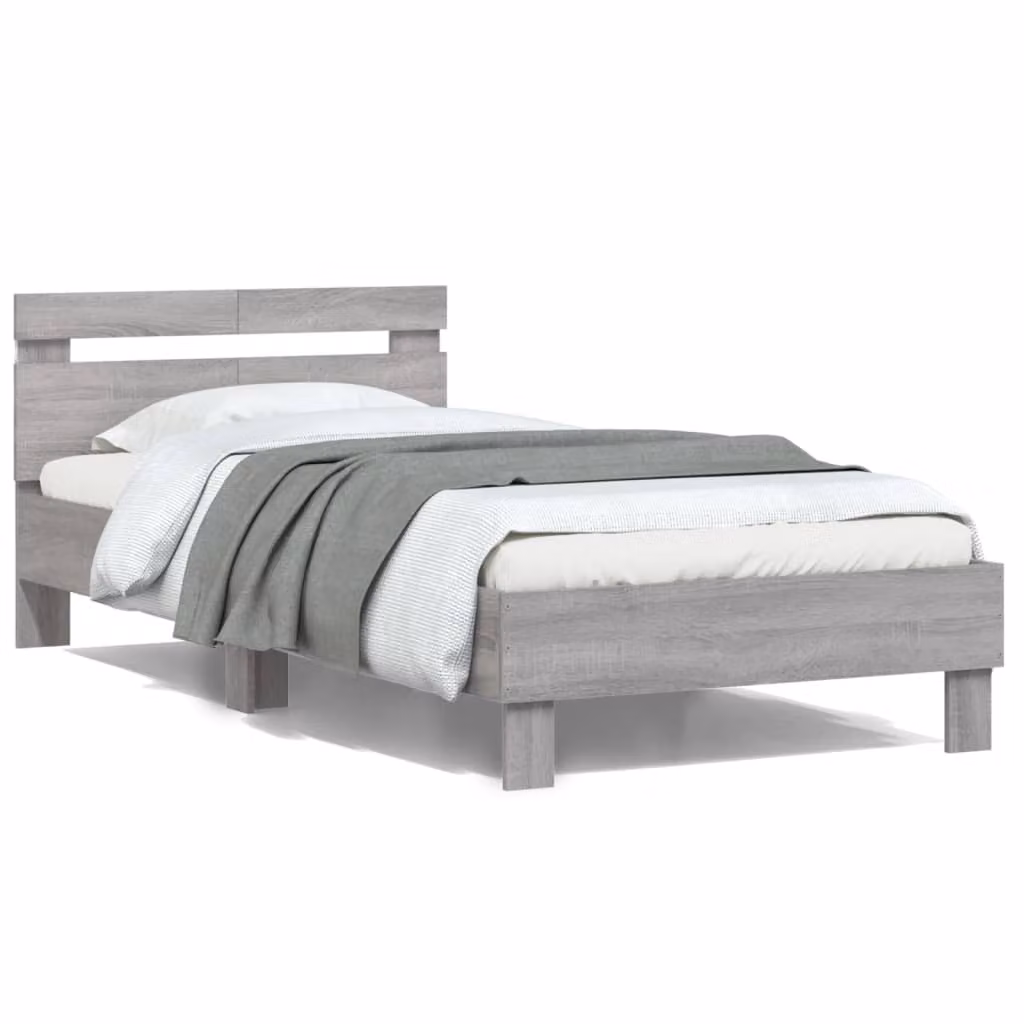 Giroletto con testiera vidaXL in legno Grigio Sonoma con illuminazione LED e porta USB, L/P/H: 200 x 100 x 70 cm