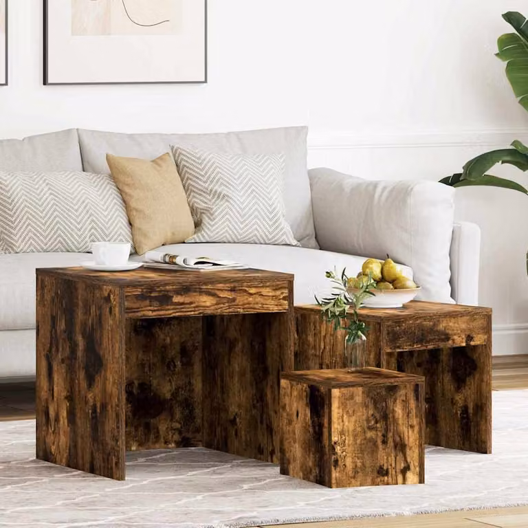 Set di 3 tavolini impilabili vidaXL in legno multistrato e MDF, design moderno quadrato, colore rovere fumo marrone