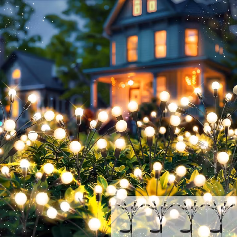 Lampade a energia solare a forma di lucciole, set da 4, con 8 LED, grado di protezione IP65, luce bianco caldo