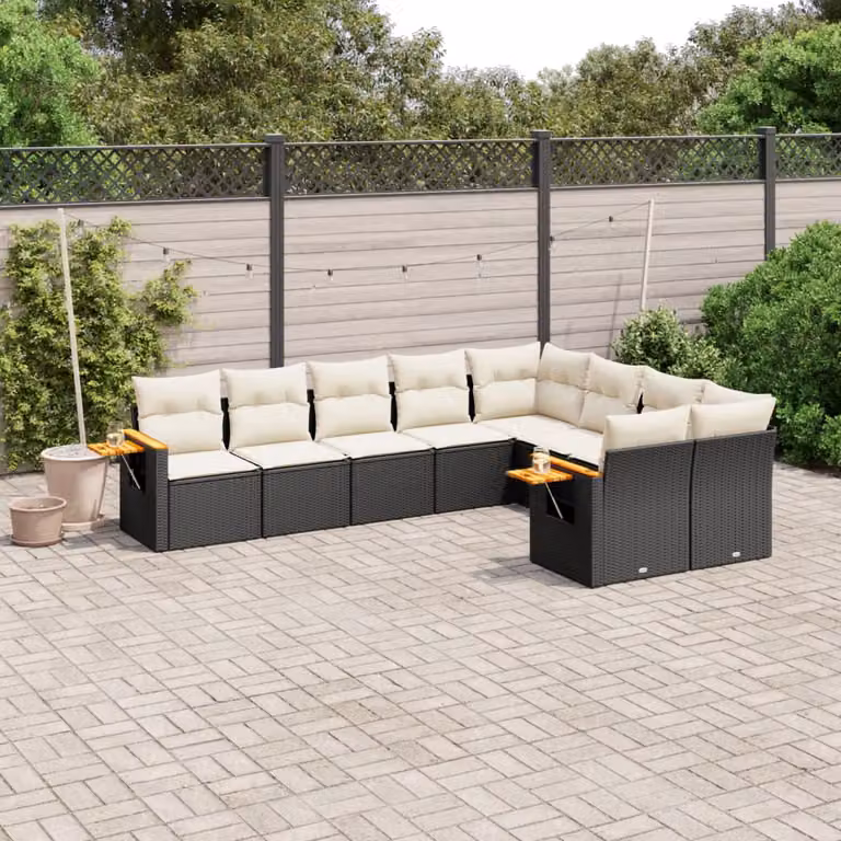 vidaXL Set Divani da Giardino 9 pz in Polyrattan Nero con Cuscini e Tavolino da Caffè
