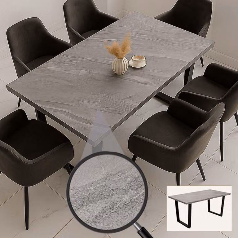 Tavolo da pranzo HWC-O61, tavolo da cucina e da pranzo, stile industriale in MDF e metallo, 160x90 cm ~ effetto marmo grigio