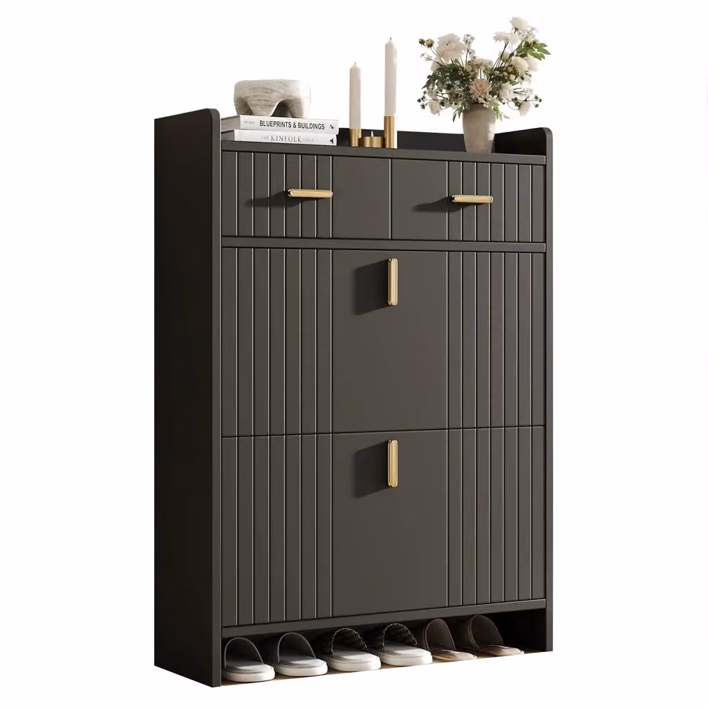 Scarpiera moderna da ingresso con 2 ribalte, 1 cassetto e vano aperto, nera opaca, L/P/H: 75 x 24 x 108.5 cm – 2