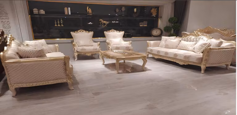 Luxus Gold Set Sofagarnitur 3+3+1+1 Sitzer Couchtisch Sofa Sessel Sofas 5tlg