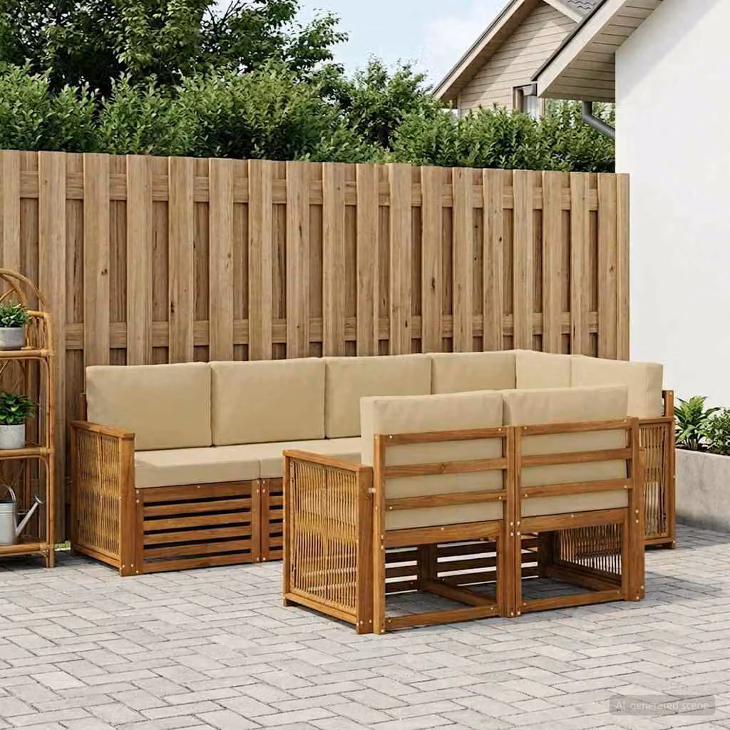 Set di divani da esterno vidaXL in legno di acacia con cuscini, composizione a L moderna, colore beige e bianco