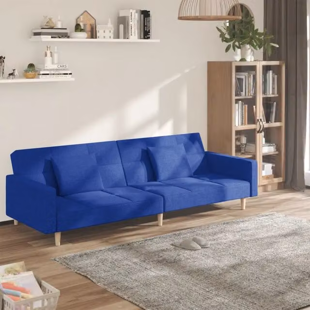 Divano Letto Click Clack vidaXL in Tessuto Blu con Cuscini e Struttura in Legno Solido per Soggiorno