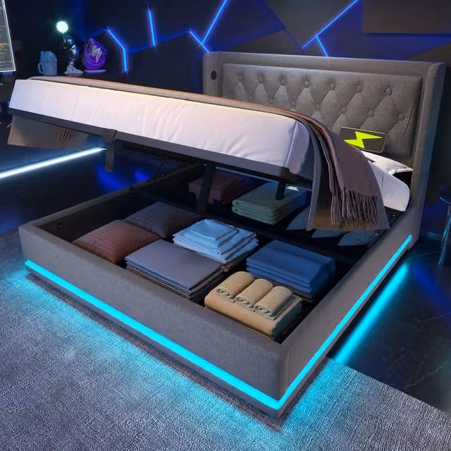 Letto imbottito matrimoniale contenitore ¨C Minimal ¨C Grigio tessuto 180x200cm testiera LED USB-C idraulico