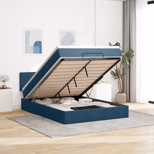 Letto con contenitore a sollevamento e materasso in velluto blu vidaXL L: 190 cm, P: 140 cm, H: 88 cm – 1