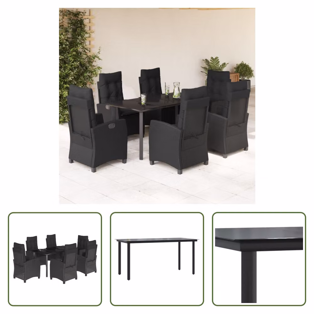 The Living Store Set da pranzo da giardino 7 pezzi con cuscini in polirattan nero