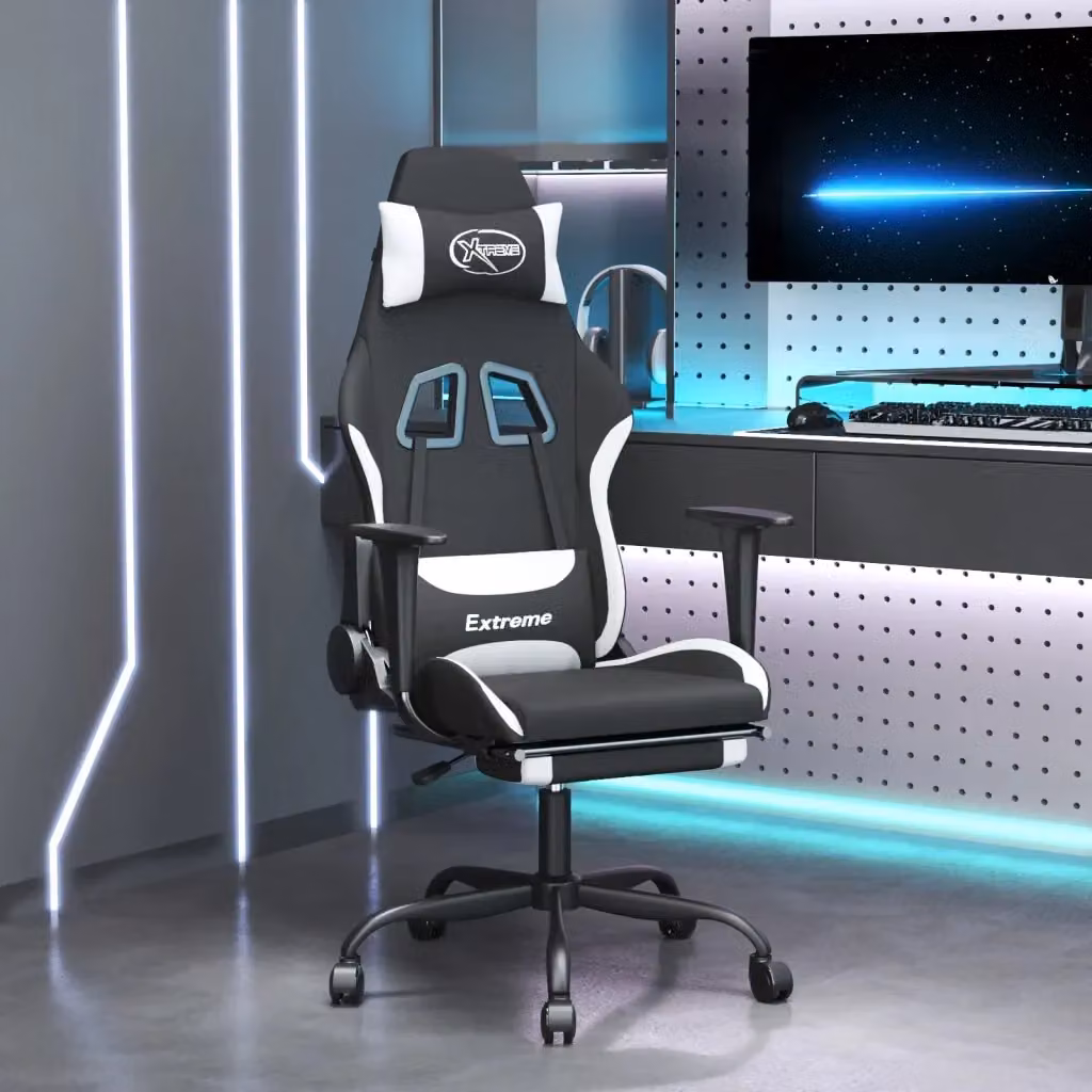 Sedia da Gaming Sportiva in Tessuto con Poggiatesta e Ruote, Nero e Bianco – 2