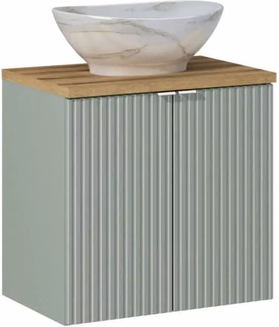 Insieme ELVINA 60cm: mobile sotto lavabo con armadietti in verde salvia grigio + piano per lavabo in aspetto legno scuro + lavabo da appoggio marmoreo