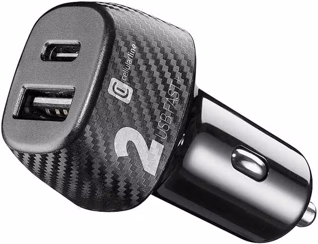 Caricabatteria da auto Cellularline Multicarica con 2 porte USB-C e USB-A da 20W, Nero