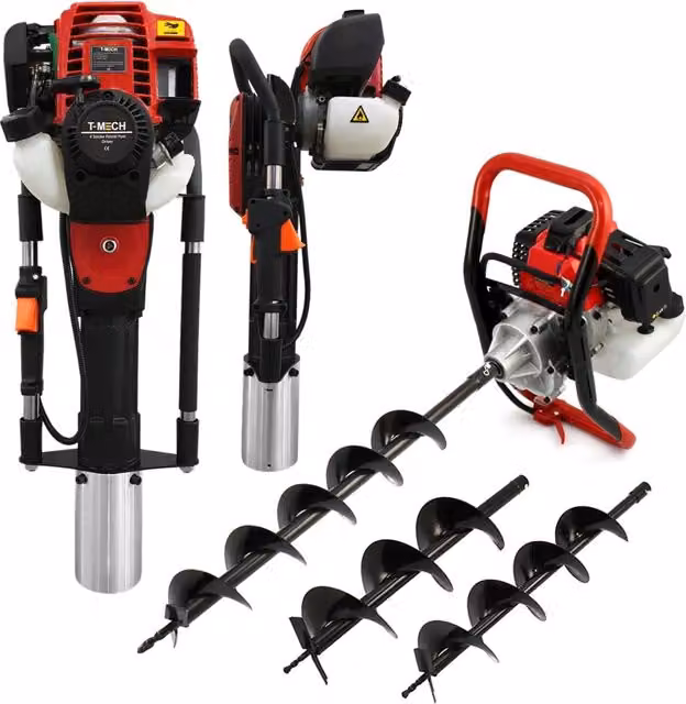 T-Mech Trivella Pesante e Battipalo a Benzina con Motore 3HP e Kit di Sicurezza, Colore Nero e Rosso