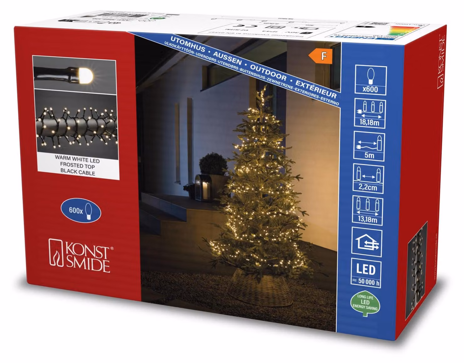 Catena luminosa a LED, 600 LED bianco caldo, trasformatore esterno, cavo di 5 metri