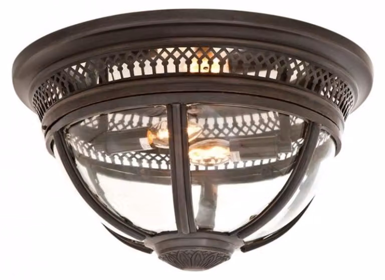 Lampada da soffitto in stile antico, modello "Casa Padrino", realizzata in ottone e vetro color bronzo, con un diametro di 45 cm e un'altezza di 30 cm