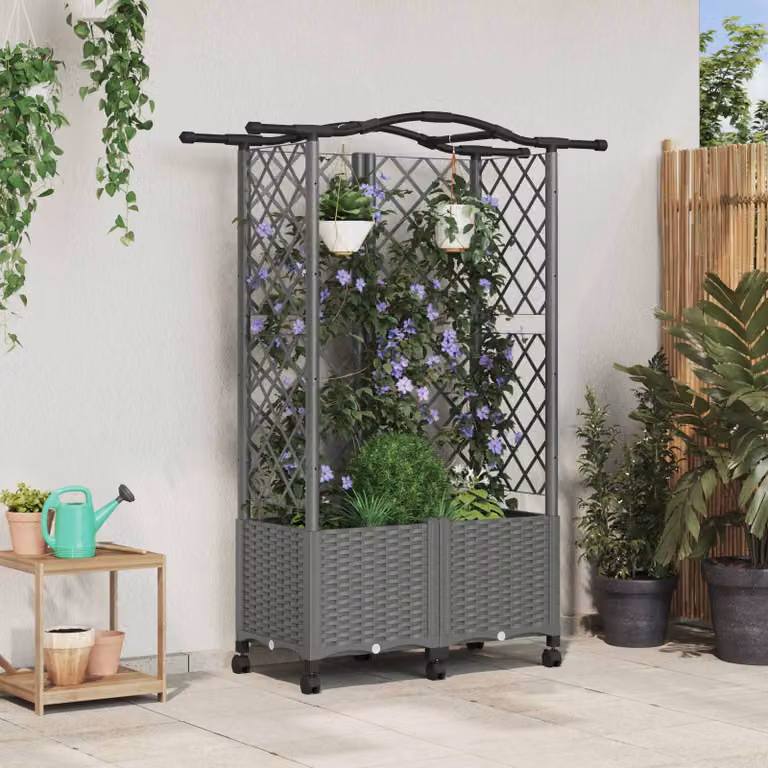 Letto rialzato con griglia e tetto vidaXL in plastica grigio chiaro per orto ornamentale o erbe aromatiche L: 144 cm, P: 122 cm, H: 40 cm