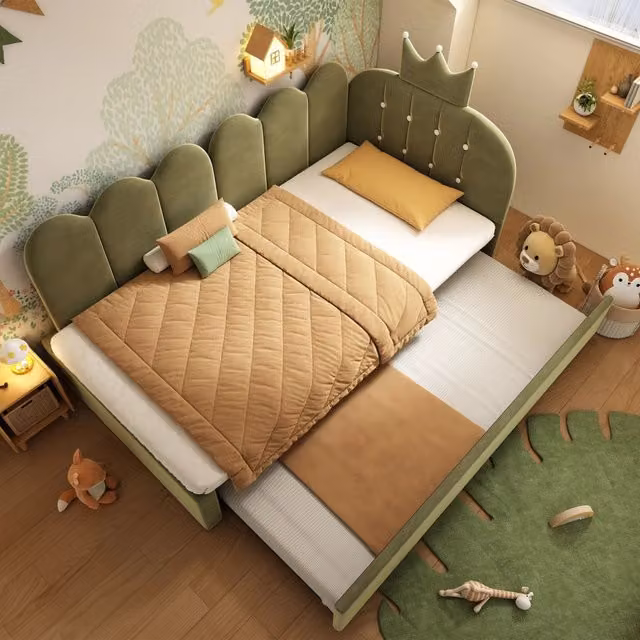 Divano Letto in Velluto Verde 90x200 cm con Letto Estraibile 90x190 cm e Design a Corona