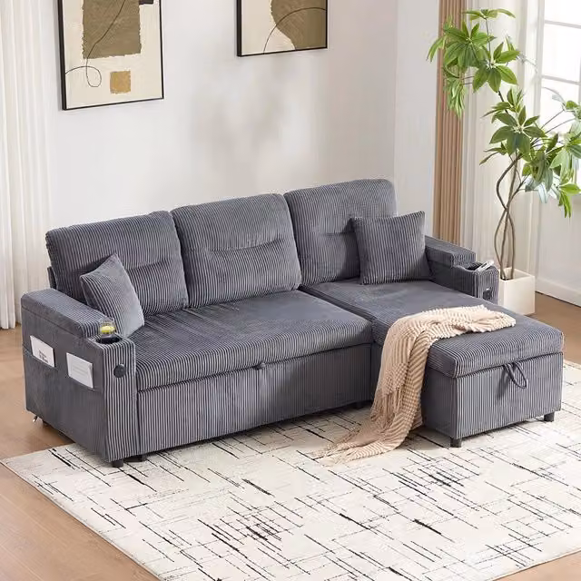 Divano moderno 3 posti - Xylo - Velluto costato, spazio di archiviazione, porta bevande, USB-C, chaise longue idraulica, letto a cassetti