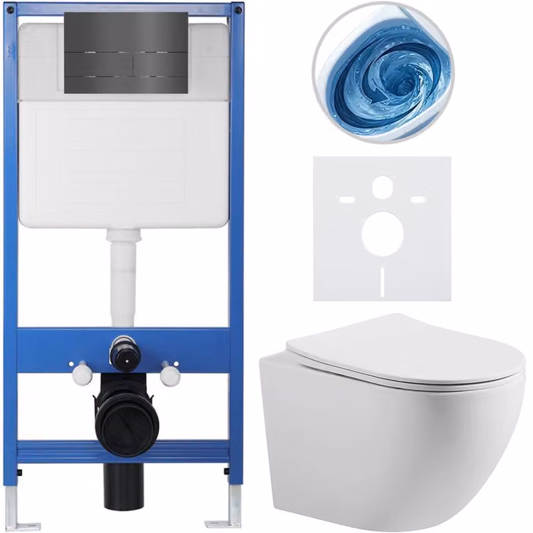 CERANO - Set completo per WC da incasso Lite/Cesso - bianco opaco - Pulsante per WC Line. grigio scuro - Installazione a parete - 49x36 cm