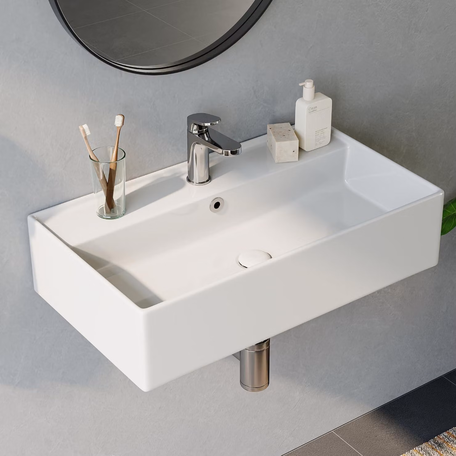 Lavabo da 55 cm, in Vetroceramica, con bordo sottile, design moderno, forma rettangolare