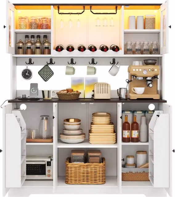 Mobile dispensa da cucina con ante in acrilico; illuminazione RGB e prese; 140 × 40 × 173 cm; bianco