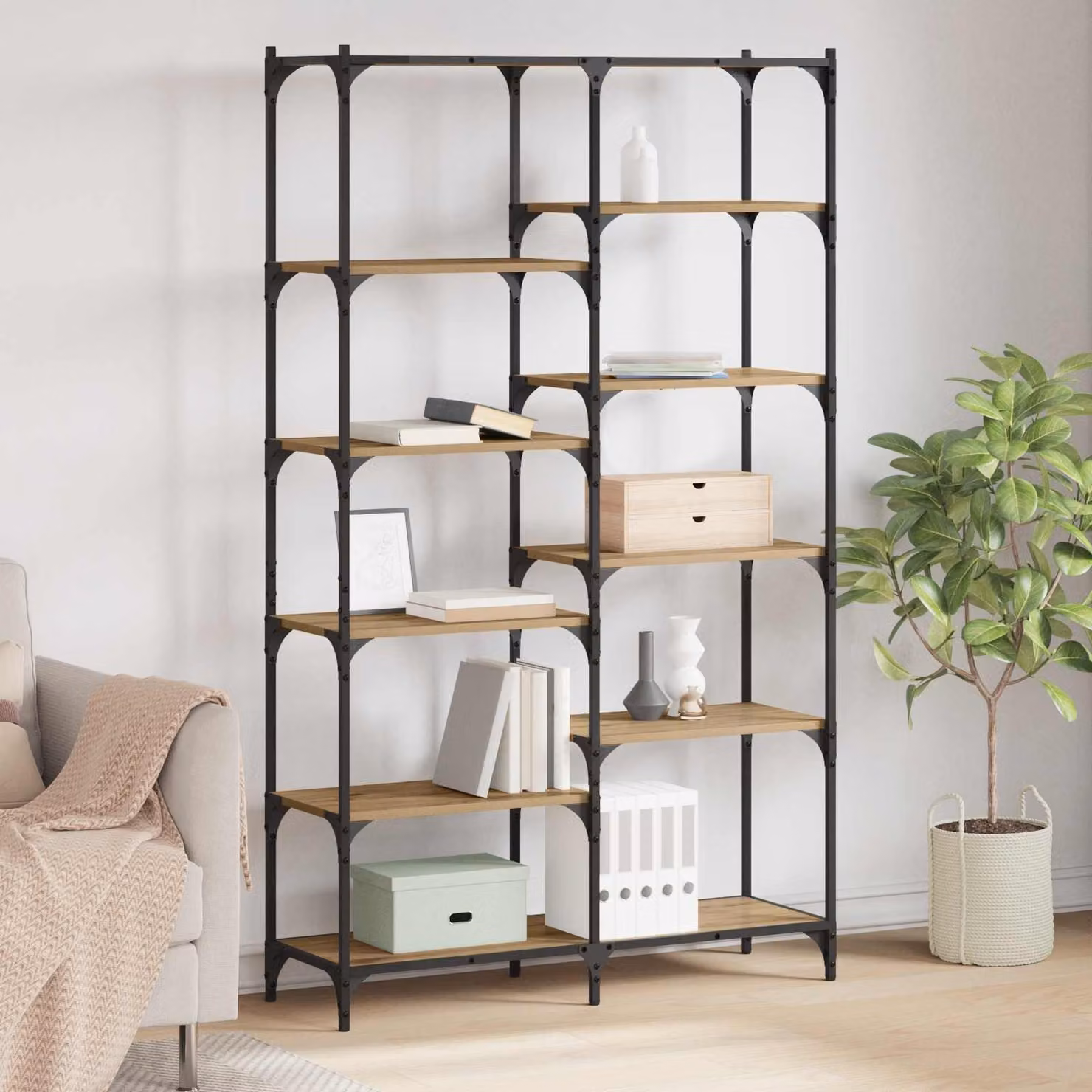 Libreria industrial vidaXL con 9 livelli in legno e metallo, colore marrone, L 100 cm x P 32 cm x H 170 cm