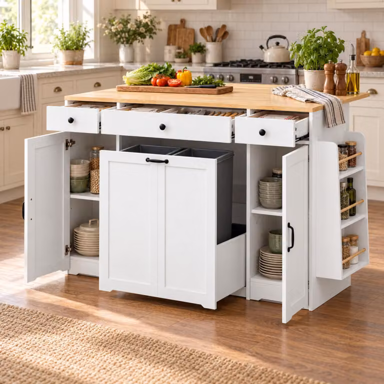 Isola da cucina MODFU bianca con 3 cassetti e 2 ante, pensile da cucina con piano superiore color legno, tavolo da bar/cucina con ampio spazio di stoccaggio