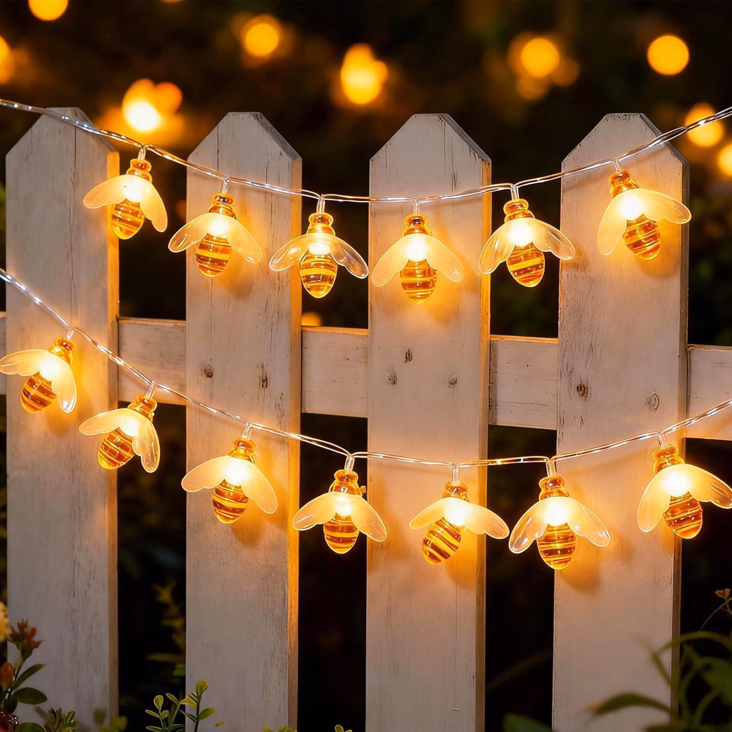 Catena luminosa a forma di ape, 3 metri, 20 LED, luce bianco caldo, alimentazione a batteria, per uso interno