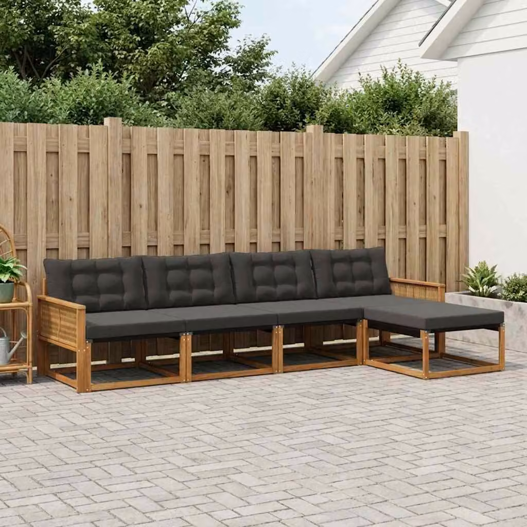 vidaXL Set di divani da esterno a L composto da 5 pezzi in legno di acacia e textilene, colore marrone e nero