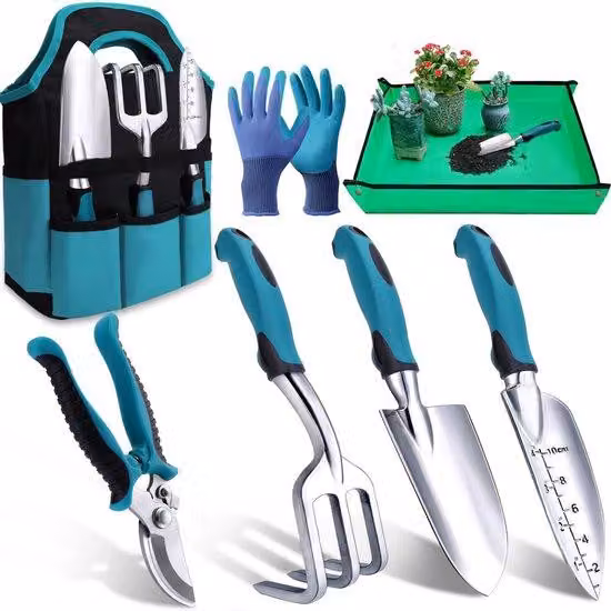 Set di attrezzi da giardinaggio, 7 pezzi, in acciaio inossidabile, con impugnatura ergonomica antiscivolo, regali ideali per gli appassionati di giardinaggio