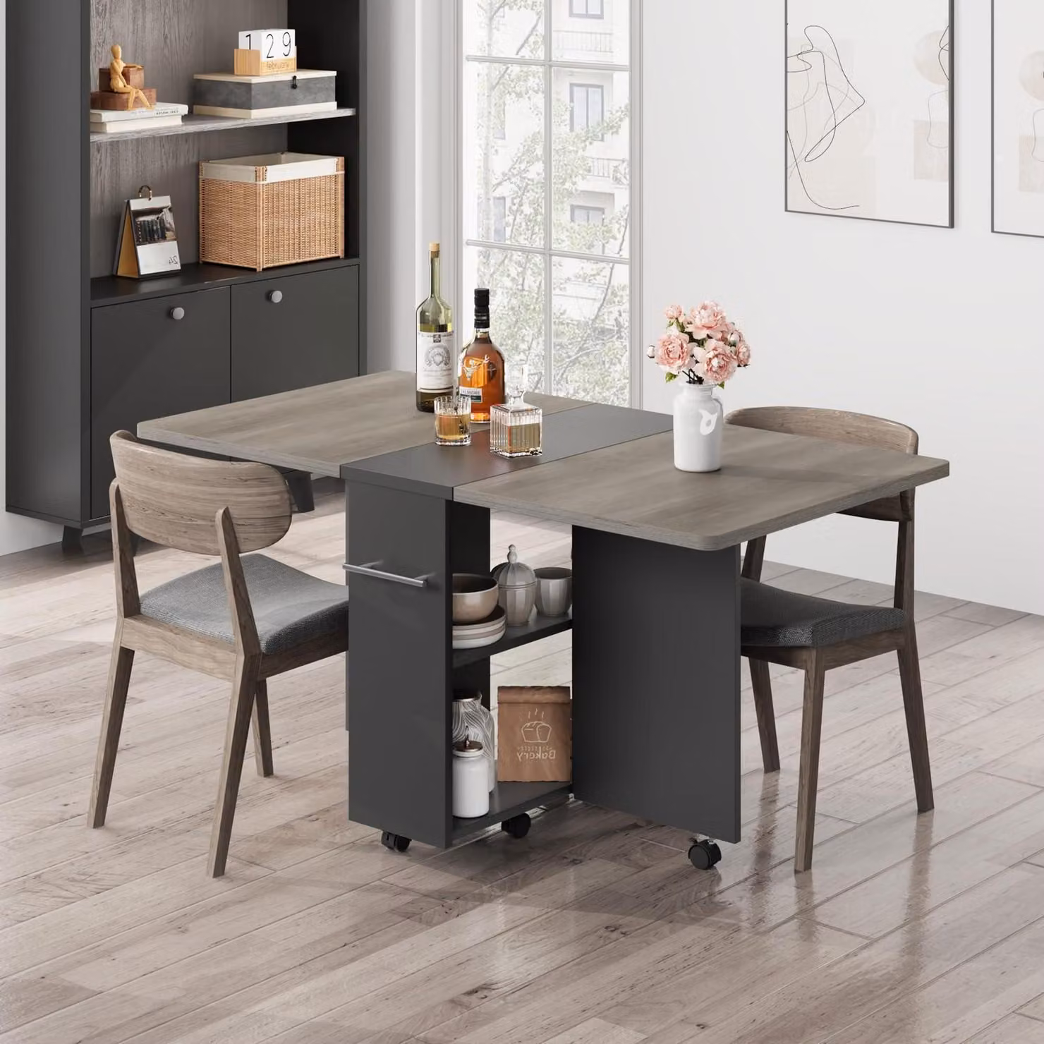 Tavolo pieghevole allungabile con due livelli di spazio contenitivo, colore grigio